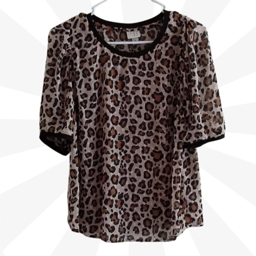 a.n.d ea wy Animal Print Top Size Small Puff Sleeve Round Neck Polyester Sheer